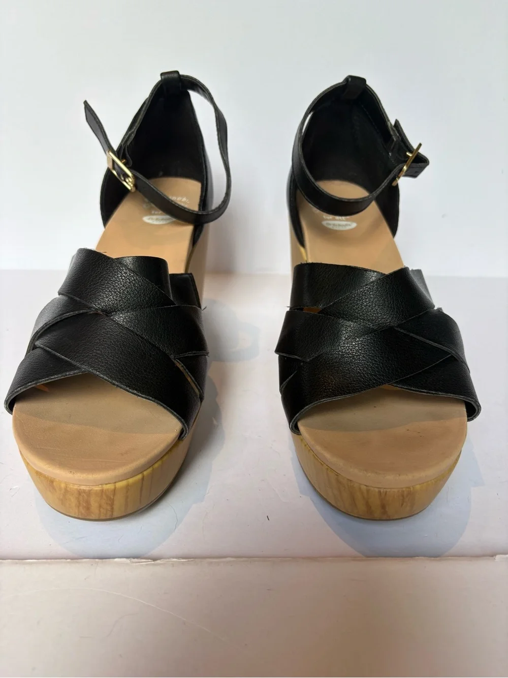 Dr. Scholls Women's Black Faux-Leather Platform Sandals with Ankle Strap Size 8.